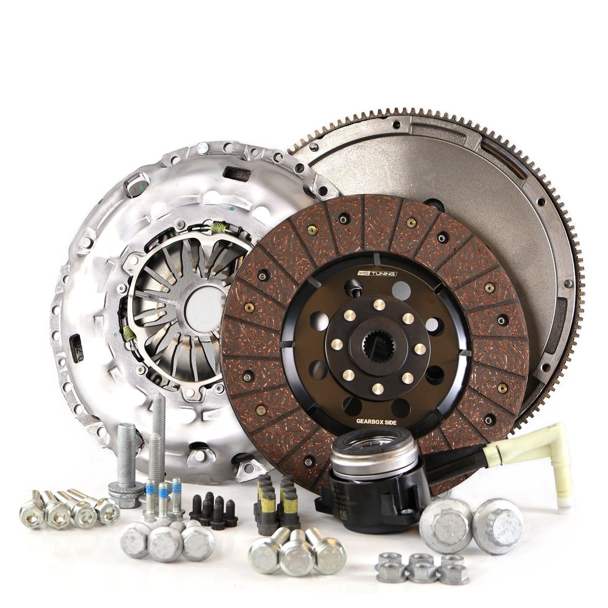 HS Tuning RSR SC clutch kit for VW MK7 GTI/GLI including pressure plate, clutch disc, flywheel, and mounting hardware.