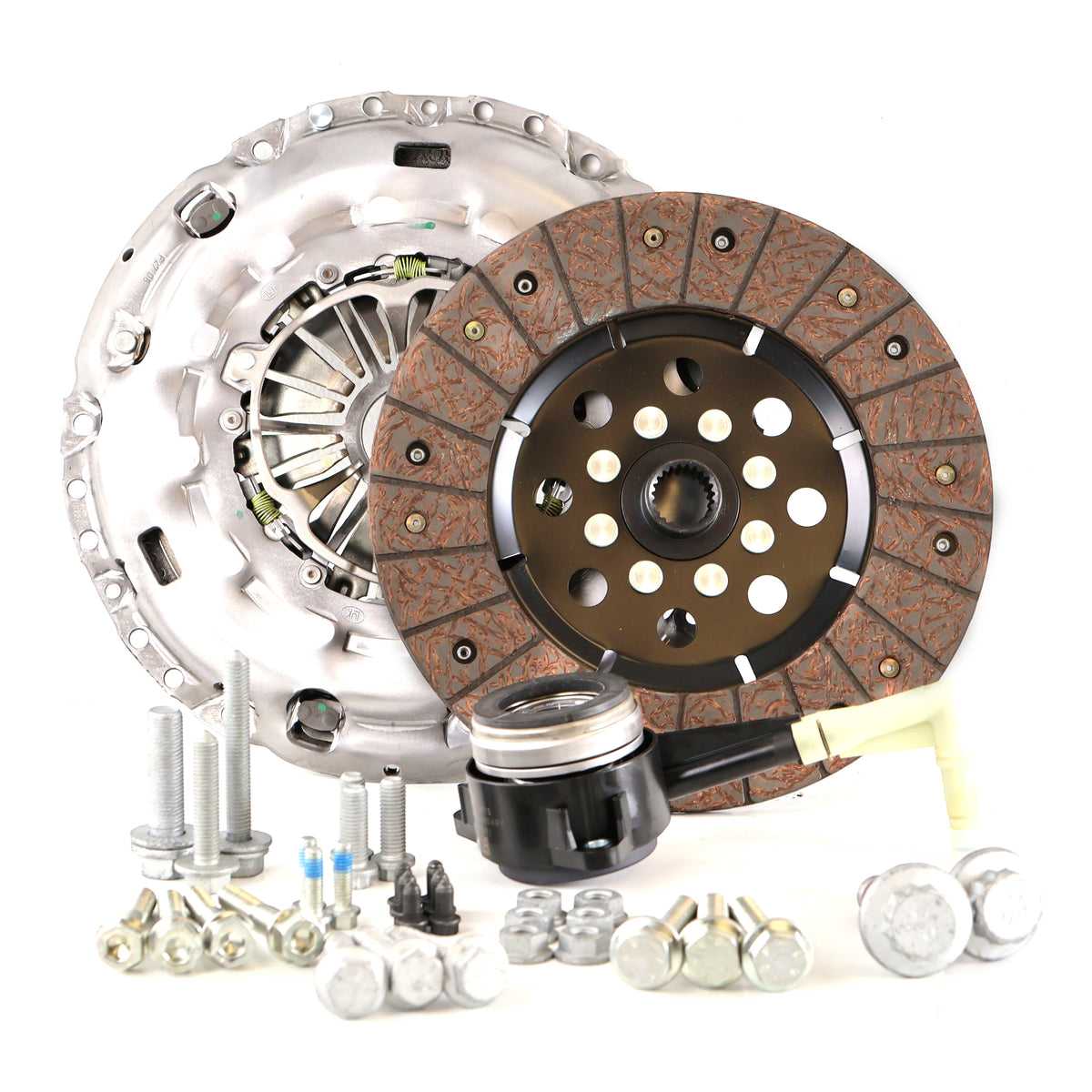 HS Tuning RSR SC clutch kit for Golf R MK6 including pressure plate, clutch disc, throwout bearing, and OEM bolts.