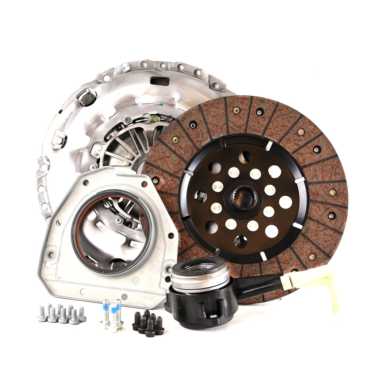 HS Tuning RSR SC clutch kit for Golf R MK6 including clutch disc, pressure plate, throwout bearing, and hardware.