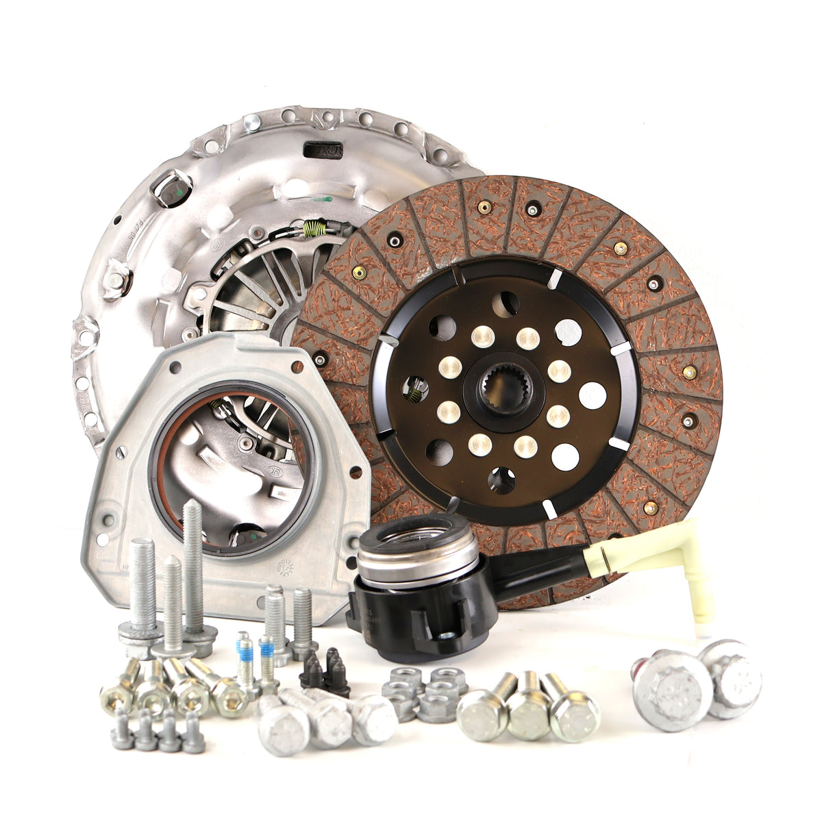 HS Tuning RSR SC clutch kit for VW Golf R MK6 including clutch disc, pressure plate, throwout bearing, and hardware.
