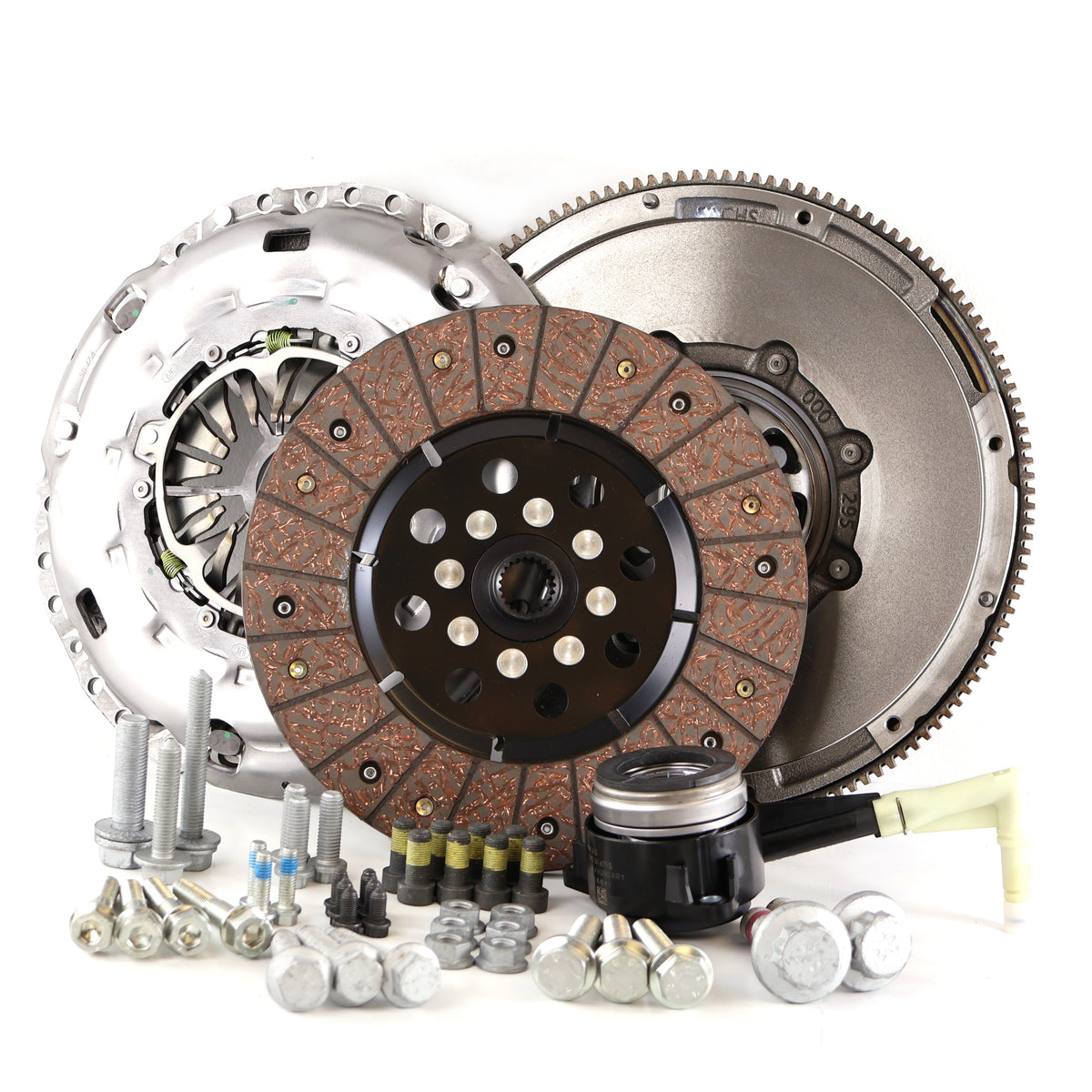 HS Tuning RSR SC clutch kit for Golf R MK6 including clutch disc, pressure plate, throwout bearing, and hardware.