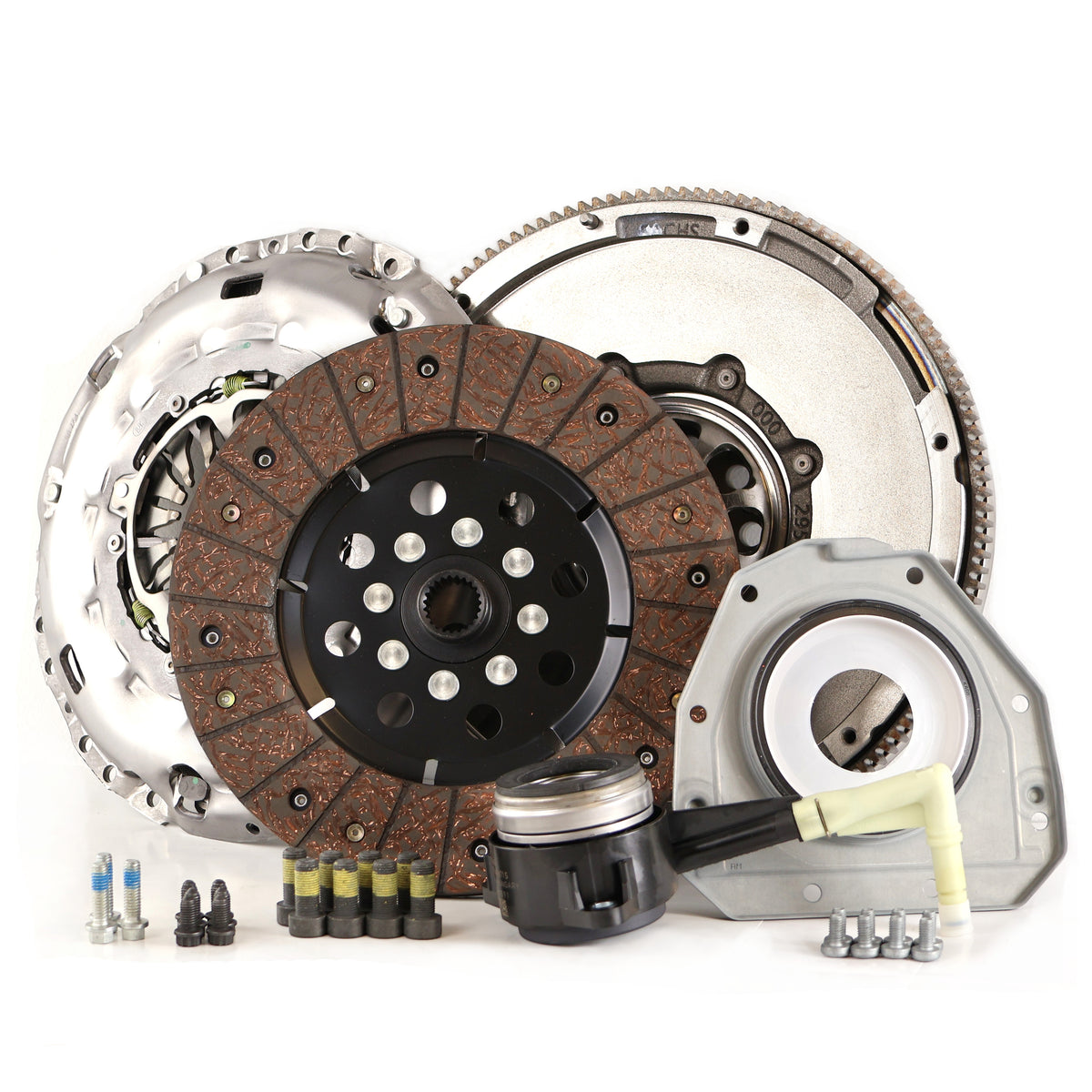 HS Tuning RSR SC clutch kit for Golf R MK6 including clutch disc, pressure plate, throwout bearing, and OEM bolts.