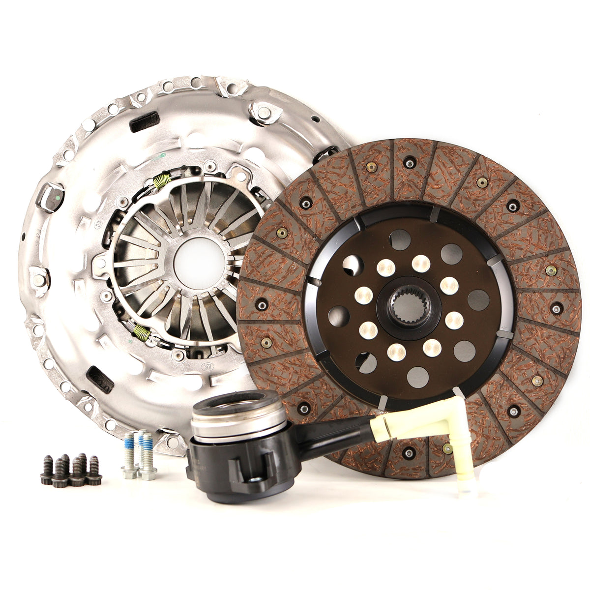 HS Tuning RSR SC clutch kit for VW Golf R MK6 including performance clutch disc, pressure plate, and throwout bearing.
