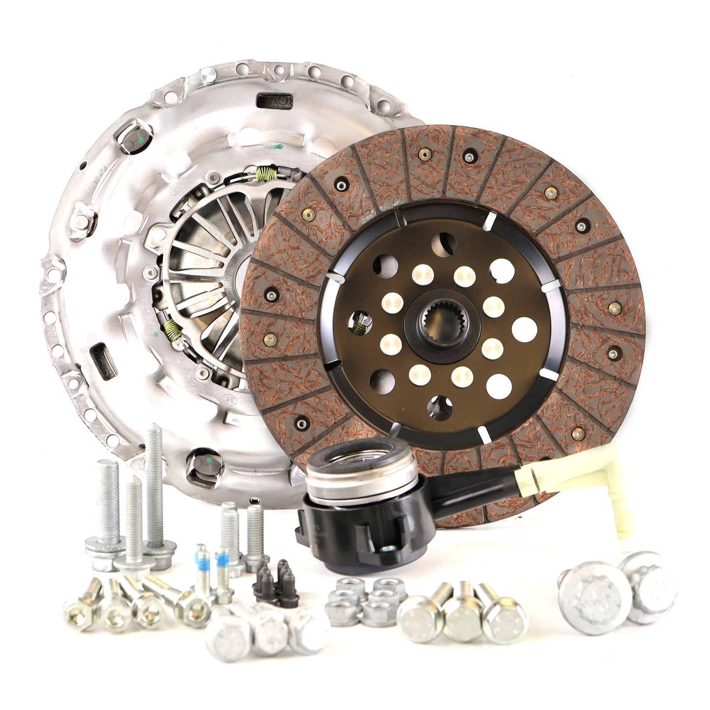 HS Tuning RSR SC clutch kit for Golf R MK7 including pressure plate, clutch disc, throwout bearing, and hardware.