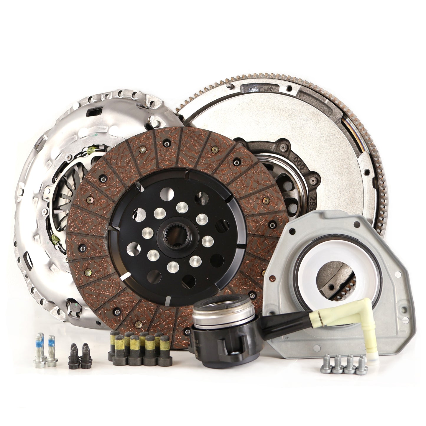 HS Tuning RSR SC clutch kit for Golf R MK7 including pressure plate, clutch disc, throwout bearing, and mounting bolts