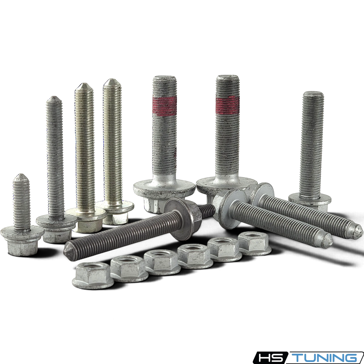 HS Tuning Genuine VW/Audi transmission hardware kit featuring assorted steel bolts and nuts for MK5 and MK6 platforms.