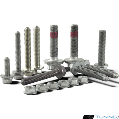 HS Tuning Genuine VW/Audi transmission hardware kit featuring assorted steel bolts and nuts for MK5 and MK6 platforms.