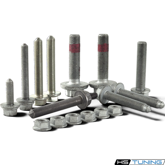 HS Tuning Genuine VW/Audi transmission hardware kit featuring assorted steel bolts and nuts for MK5 and MK6 platforms.