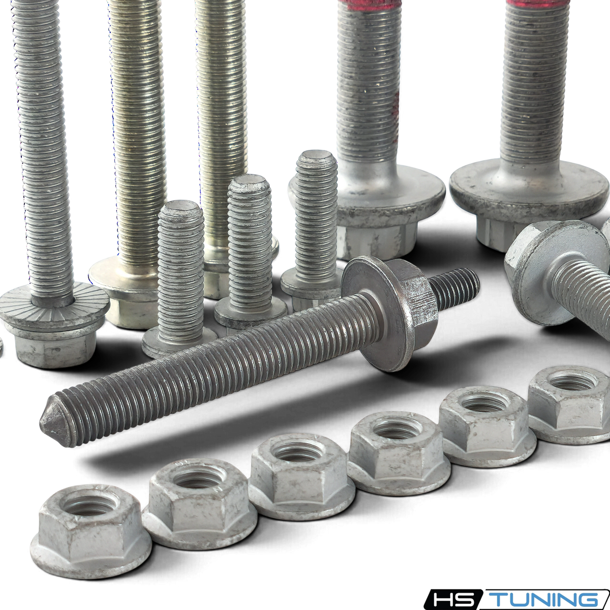 HS Tuning Genuine VW/Audi transmission hardware kit featuring various factory-spec bolts and nuts for MK5 and MK6 models.