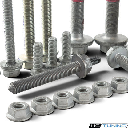 HS Tuning Genuine VW/Audi transmission hardware kit featuring various factory-spec bolts and nuts for MK5 and MK6 models.