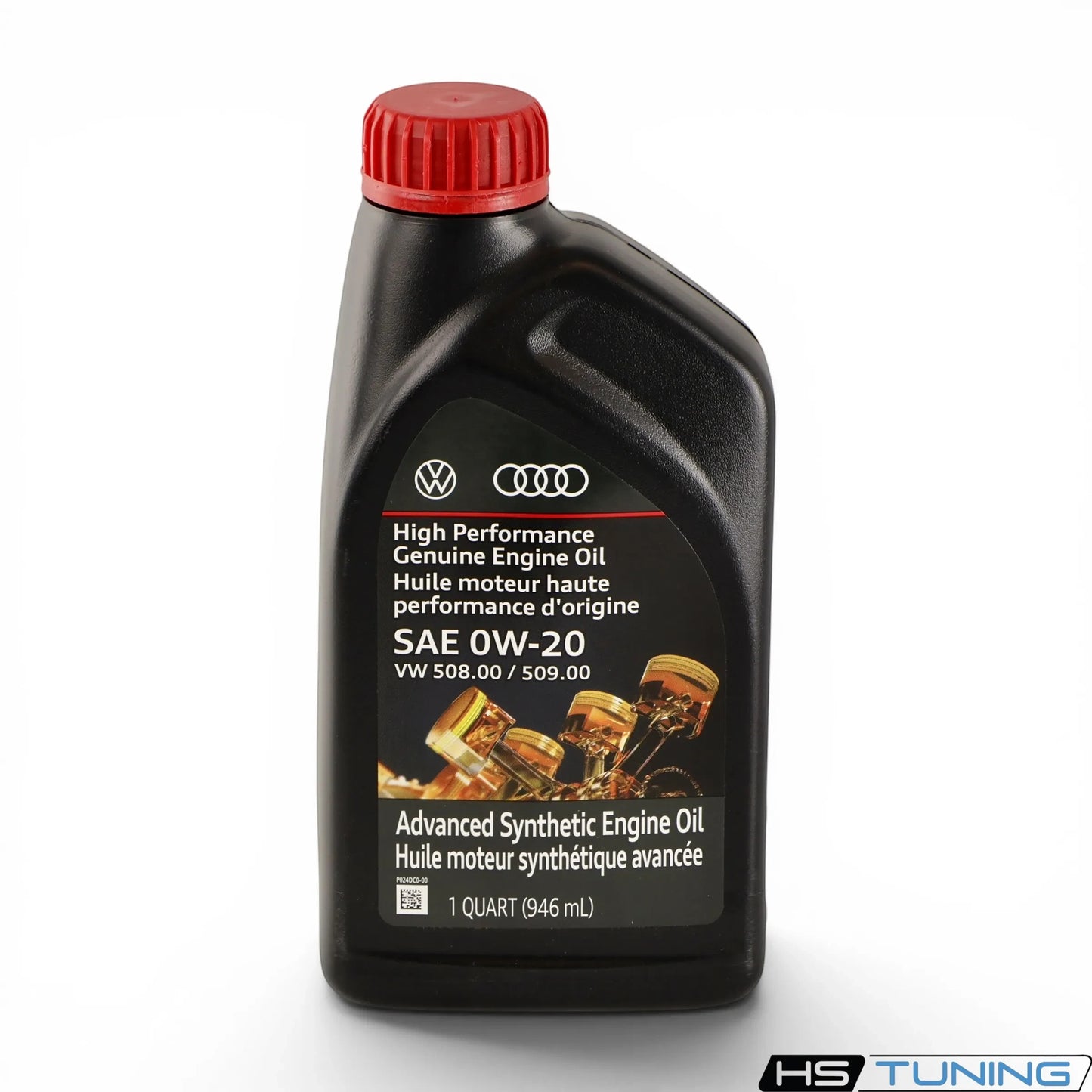 HS Tuning Genuine VW/Audi 0W-20 synthetic engine oil in a black 1-quart bottle with a red cap.