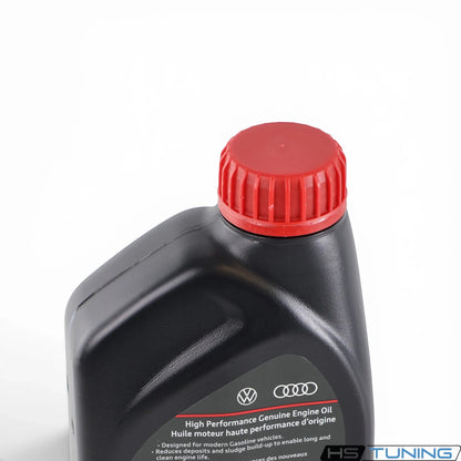 HS Tuning Genuine VW/Audi 0W-20 high performance engine oil in a black plastic bottle with a red cap