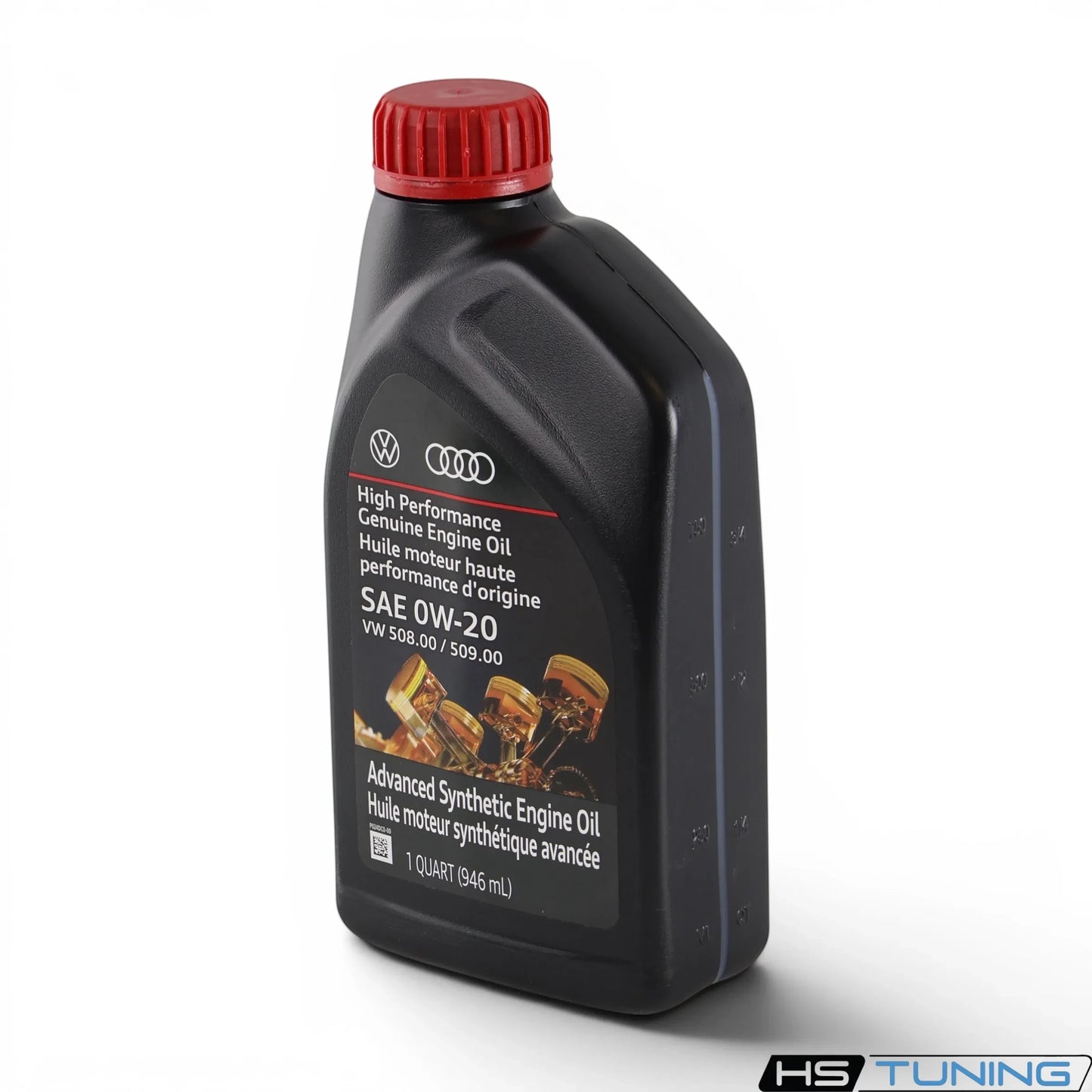 HS Tuning Genuine VW Audi 0W-20 advanced synthetic engine oil in a black bottle with a red cap