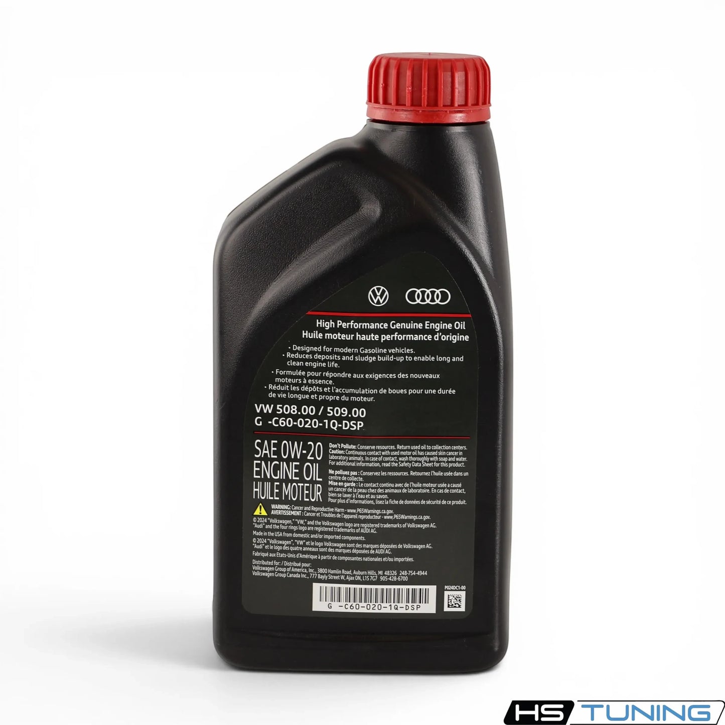 HS Tuning Genuine VW Audi 0W-20 synthetic engine oil bottle with red cap and technical specifications label