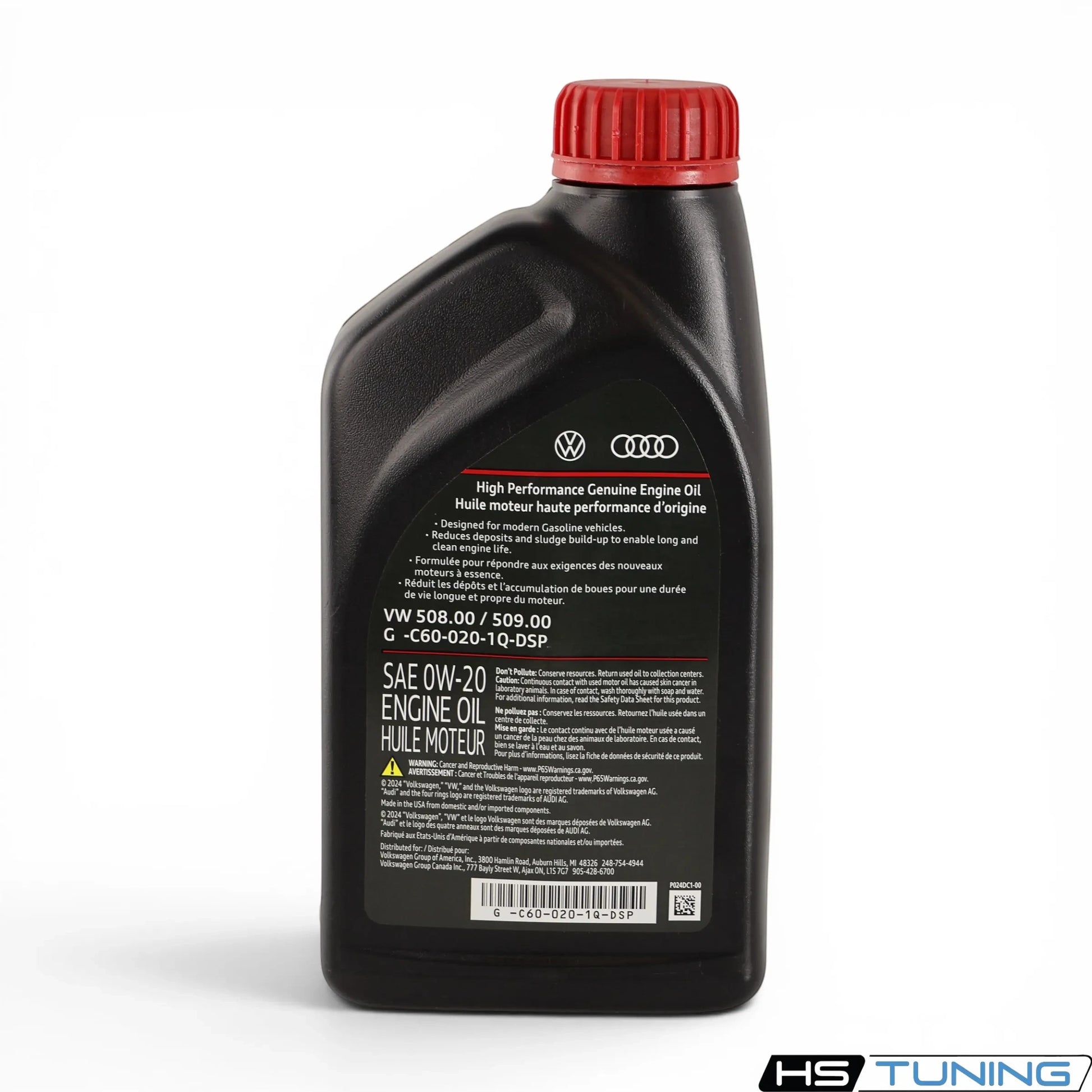 HS Tuning Genuine VW Audi 0W-20 synthetic engine oil bottle with red cap and technical specifications label