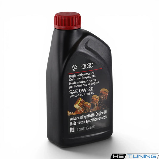 HS Tuning Genuine VW Audi 0W-20 synthetic engine oil in a black 1-quart bottle with a red cap.