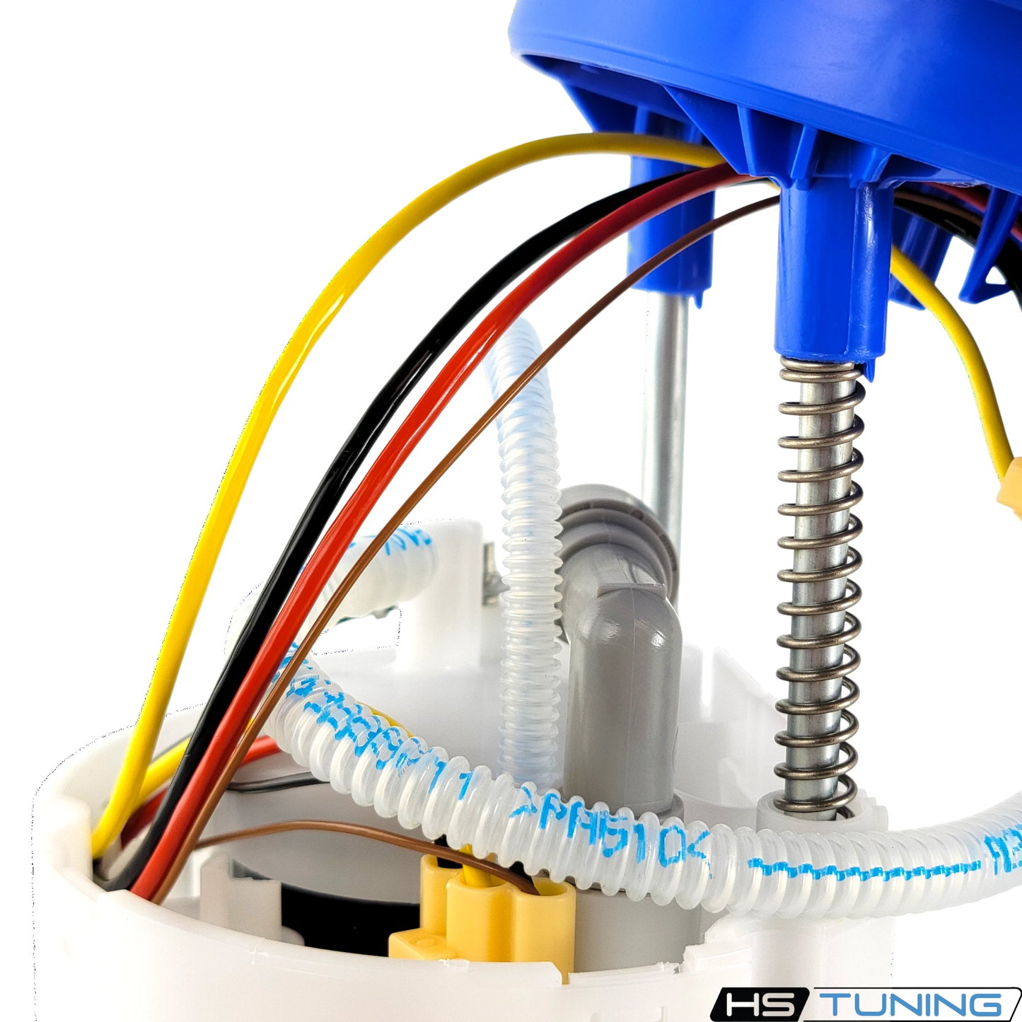 HS Tuning Genuine VW Audi fuel pump assembly unit with blue housing, internal wiring, and corrugated fuel lines