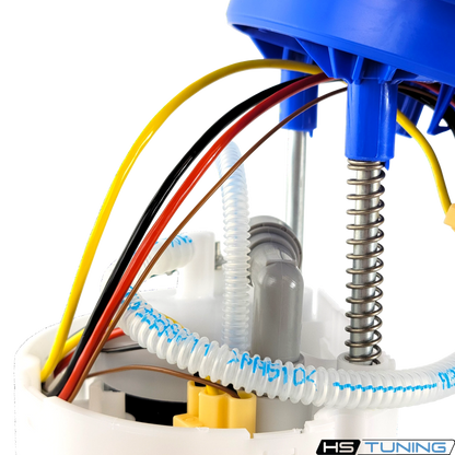 HS Tuning Genuine VW Audi fuel pump assembly unit with blue housing, internal wiring, and corrugated fuel lines