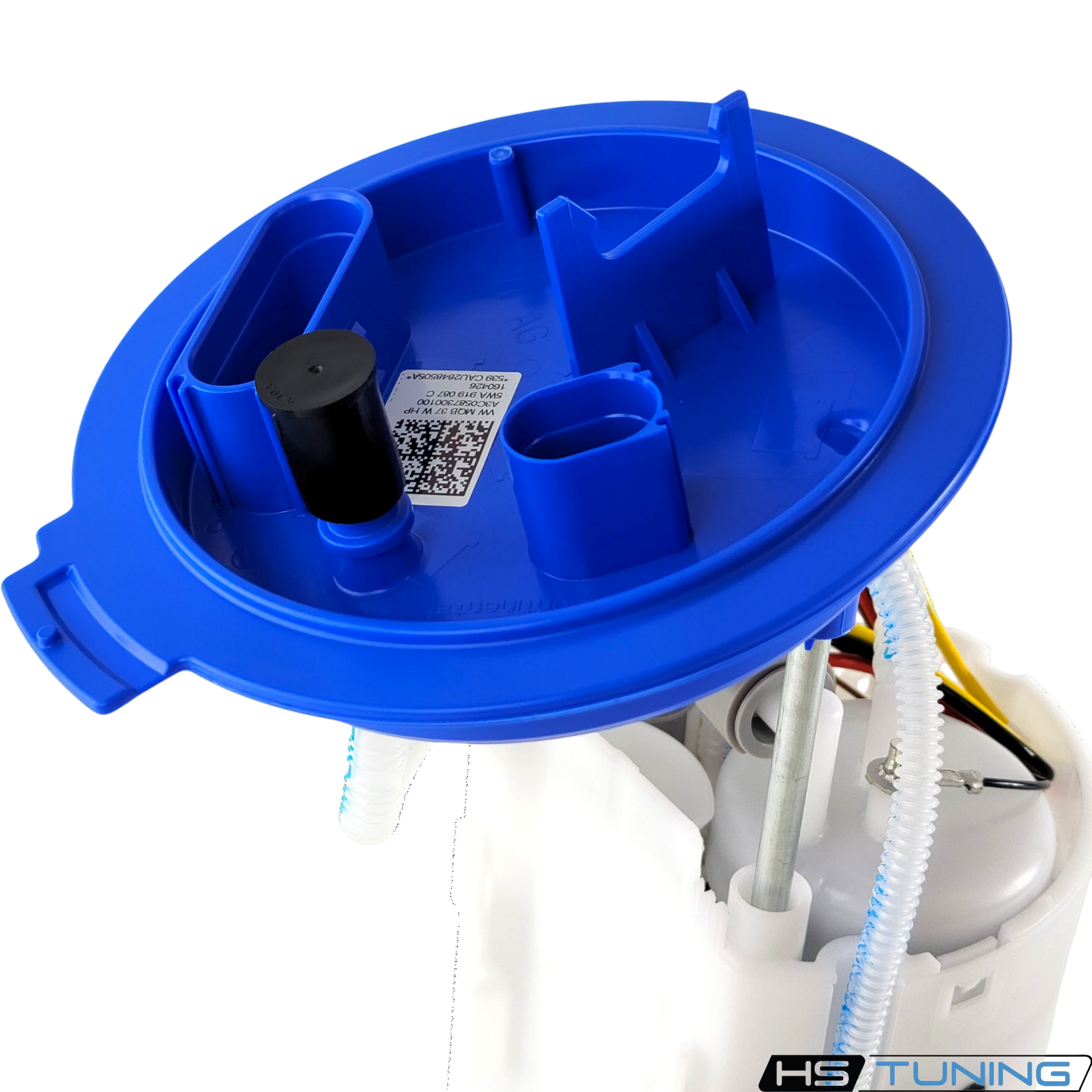 HS Tuning genuine VW Audi fuel pump assembly unit with a blue plastic cap and white housing on a black background.