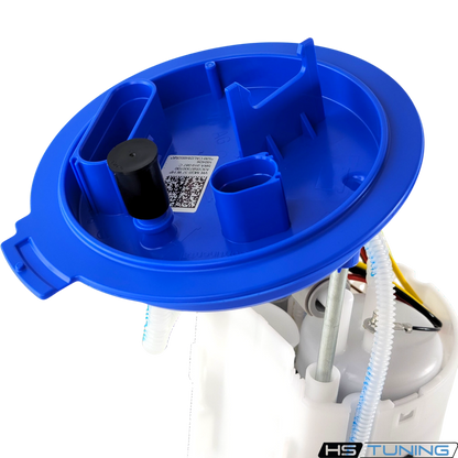 HS Tuning genuine VW Audi fuel pump assembly unit with a blue plastic cap and white housing on a black background.