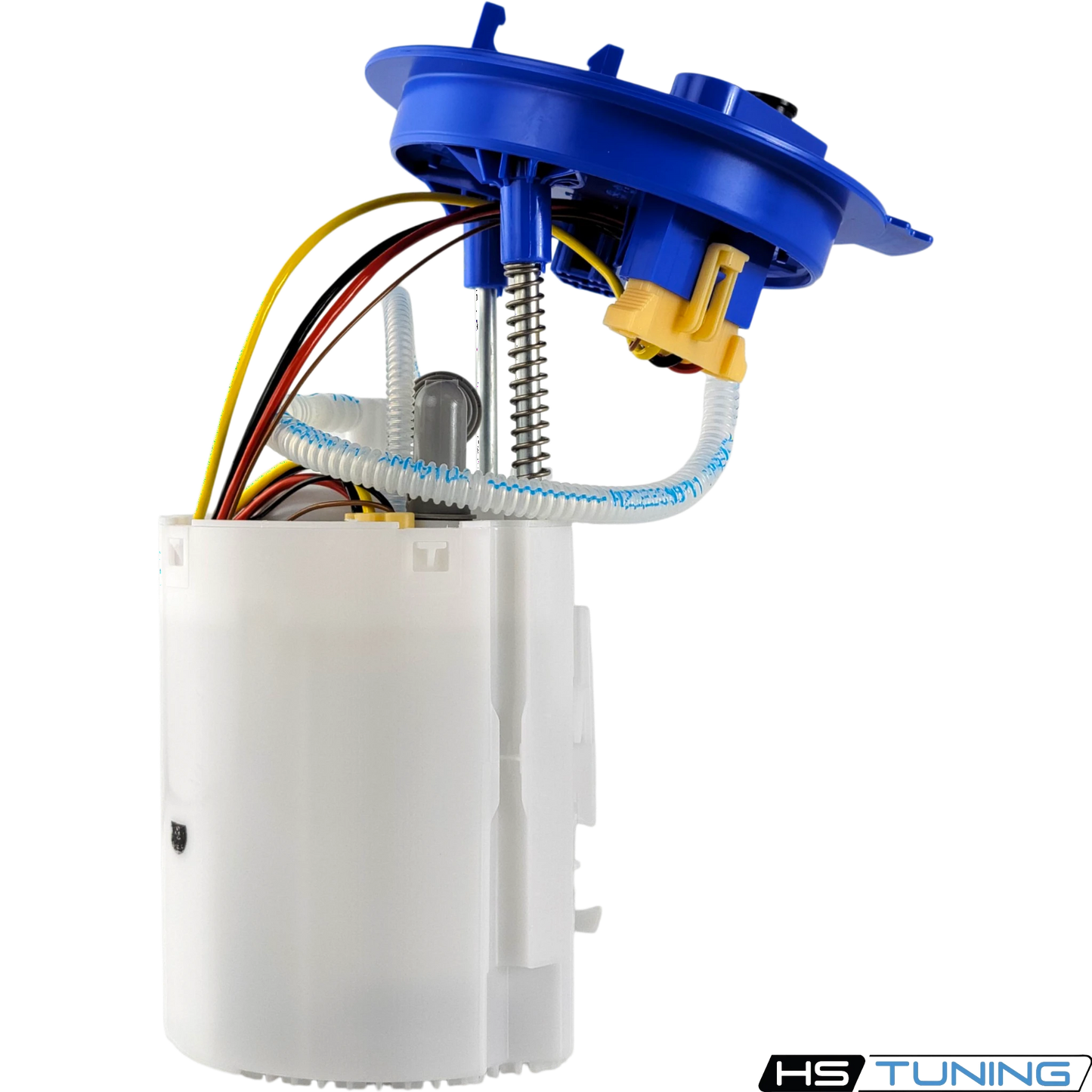 HS Tuning Genuine VW Audi fuel pump assembly with white housing and blue top cap on a black background