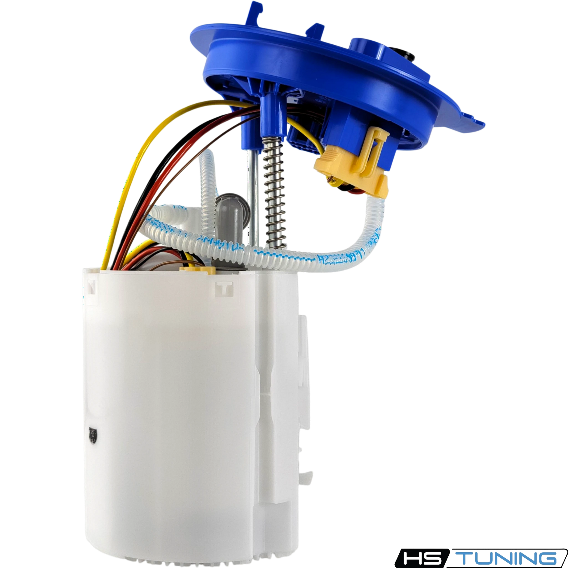 HS Tuning Genuine VW Audi fuel pump assembly with white housing and blue top cap on a black background