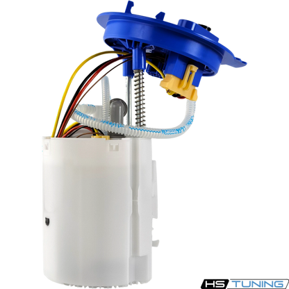 HS Tuning Genuine VW Audi fuel pump assembly with white housing and blue top cap on a black background
