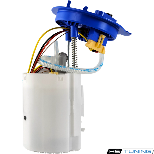 HS Tuning Genuine VW Audi fuel pump assembly with white housing and blue top cap on a black background