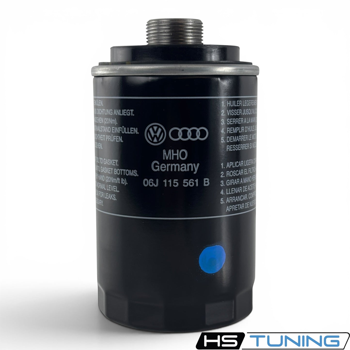 HS Tuning genuine VW Audi oil filter with black metal casing and printed installation instructions