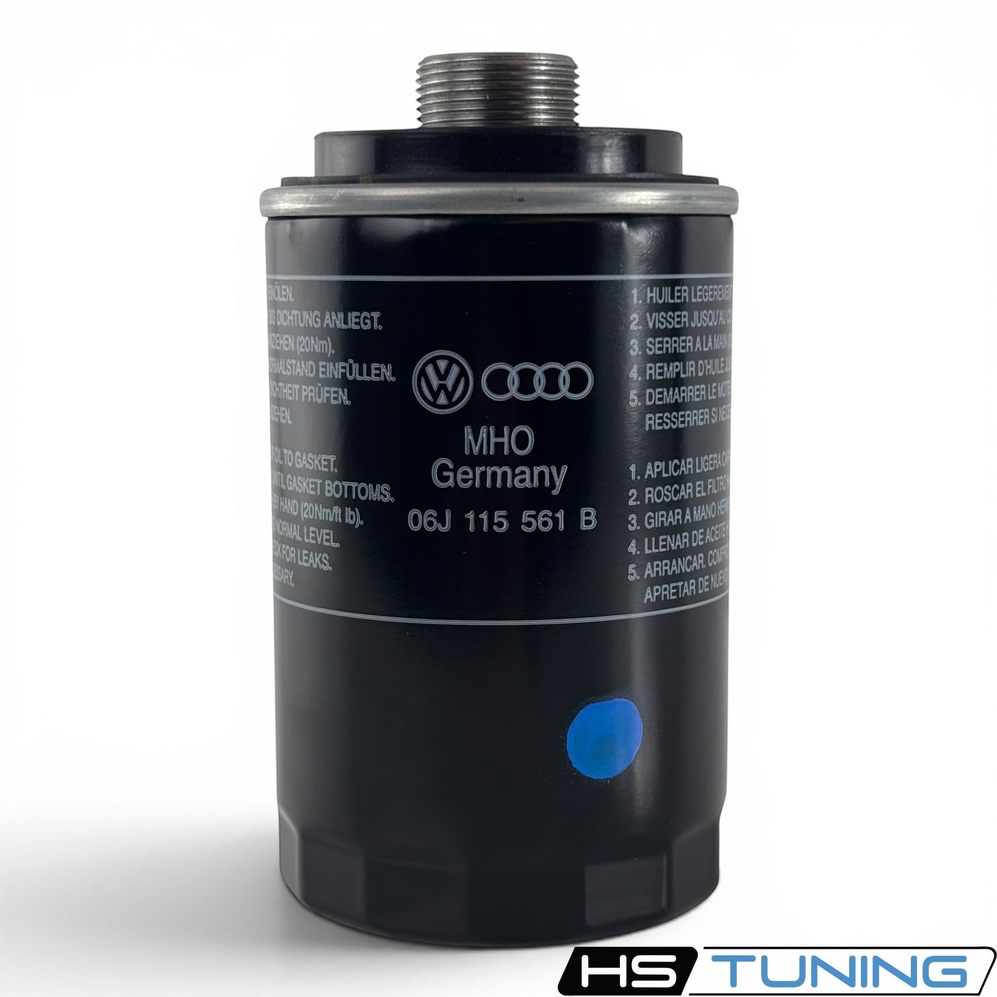 HS Tuning genuine VW Audi oil filter with black metal casing and printed installation instructions