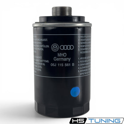 HS Tuning genuine VW Audi oil filter with black metal casing and printed installation instructions