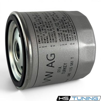 Genuine VW/Audi oil filter 04E-115-561-T from HS Tuning, featuring a metallic canister with printed instructions.