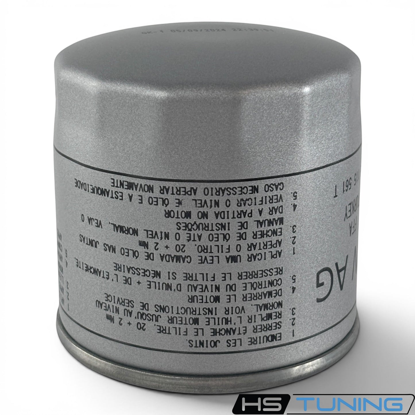 HS Tuning genuine VW Audi oil filter 04E-115-561-T with printed installation instructions on a silver metal canister