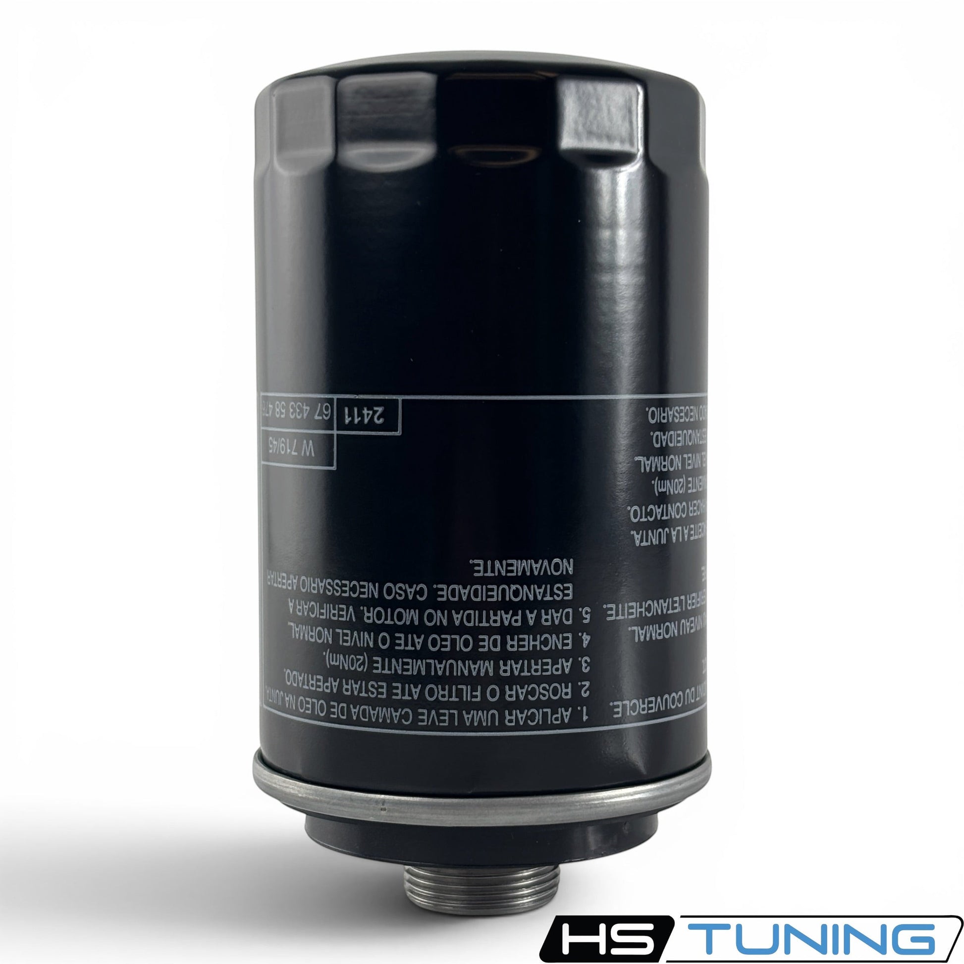 HS Tuning genuine VW/Audi oil filter 06J-115-403-Q in black metal finish with printed installation instructions