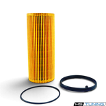 HS Tuning genuine VW Audi oil filter element with yellow pleated media and two black rubber O-ring gaskets