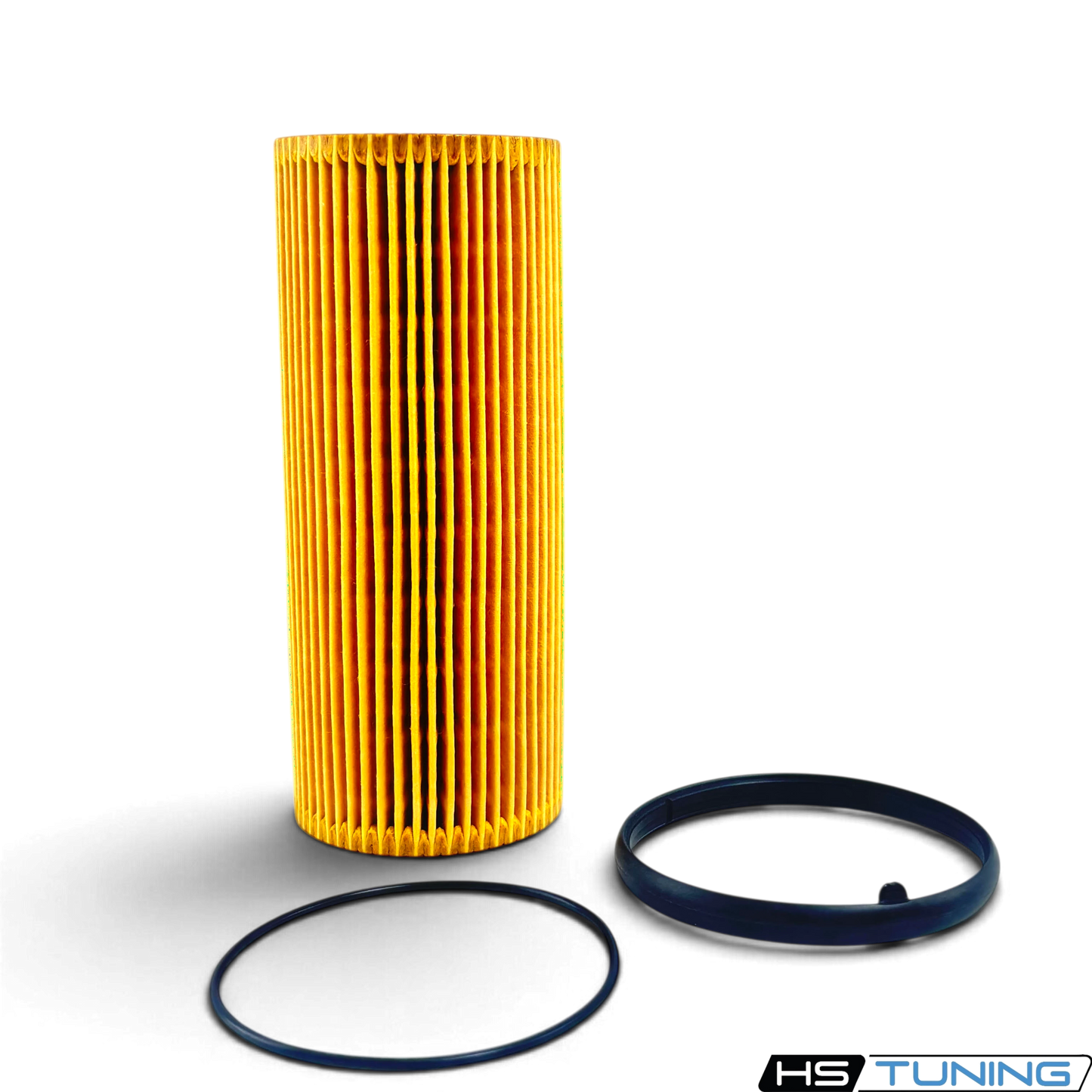 HS Tuning genuine VW Audi oil filter element with yellow pleated media and two black rubber O-ring gaskets