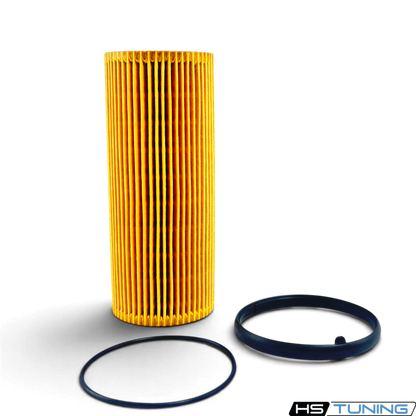 HS Tuning genuine VW Audi oil filter element with yellow pleated media and two black rubber O-ring gaskets