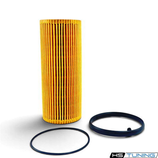 HS Tuning genuine VW Audi oil filter element with yellow pleated media and two black rubber O-ring gaskets