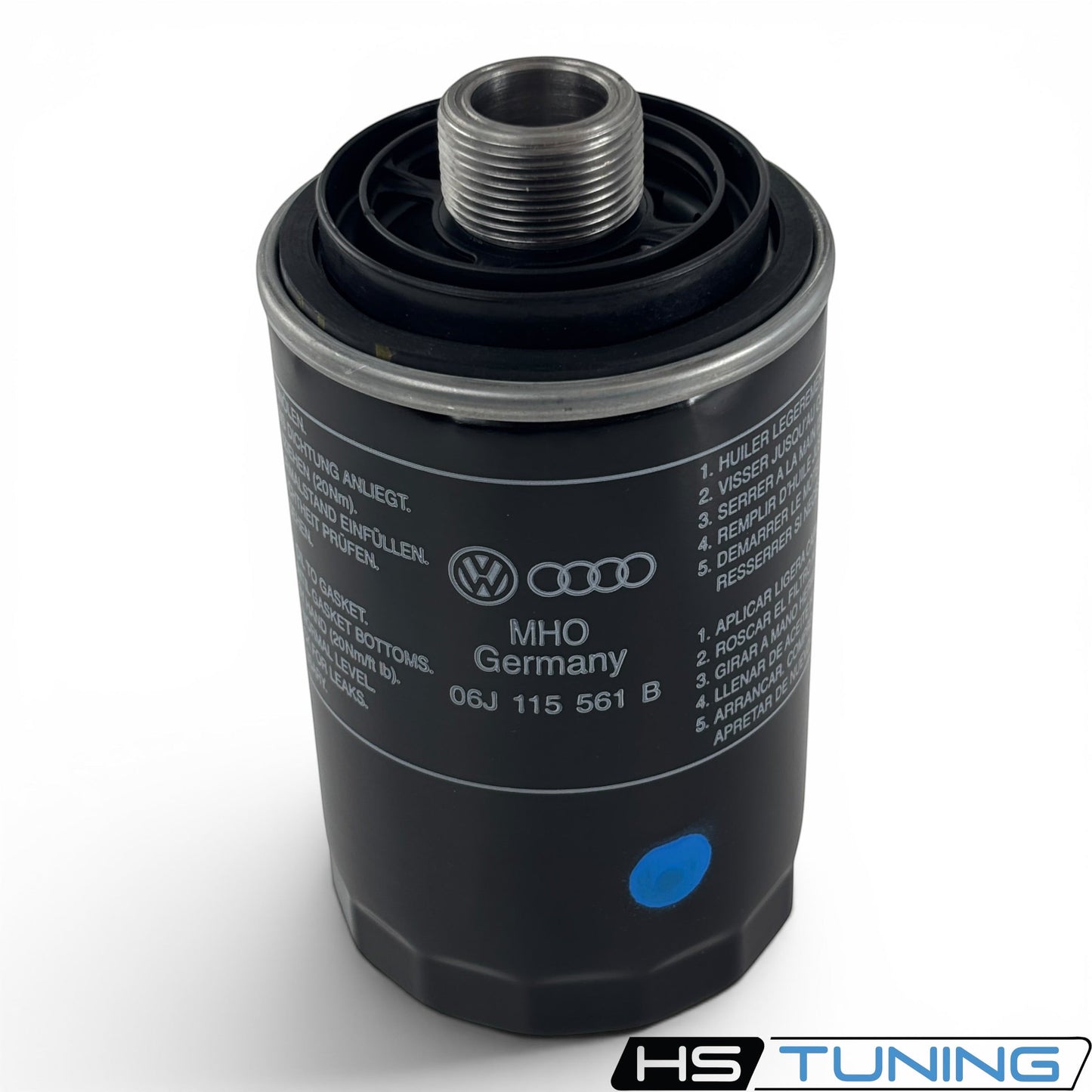 HS Tuning genuine VW Audi oil filter 06J-115-403-Q with black metal casing and threaded top connector