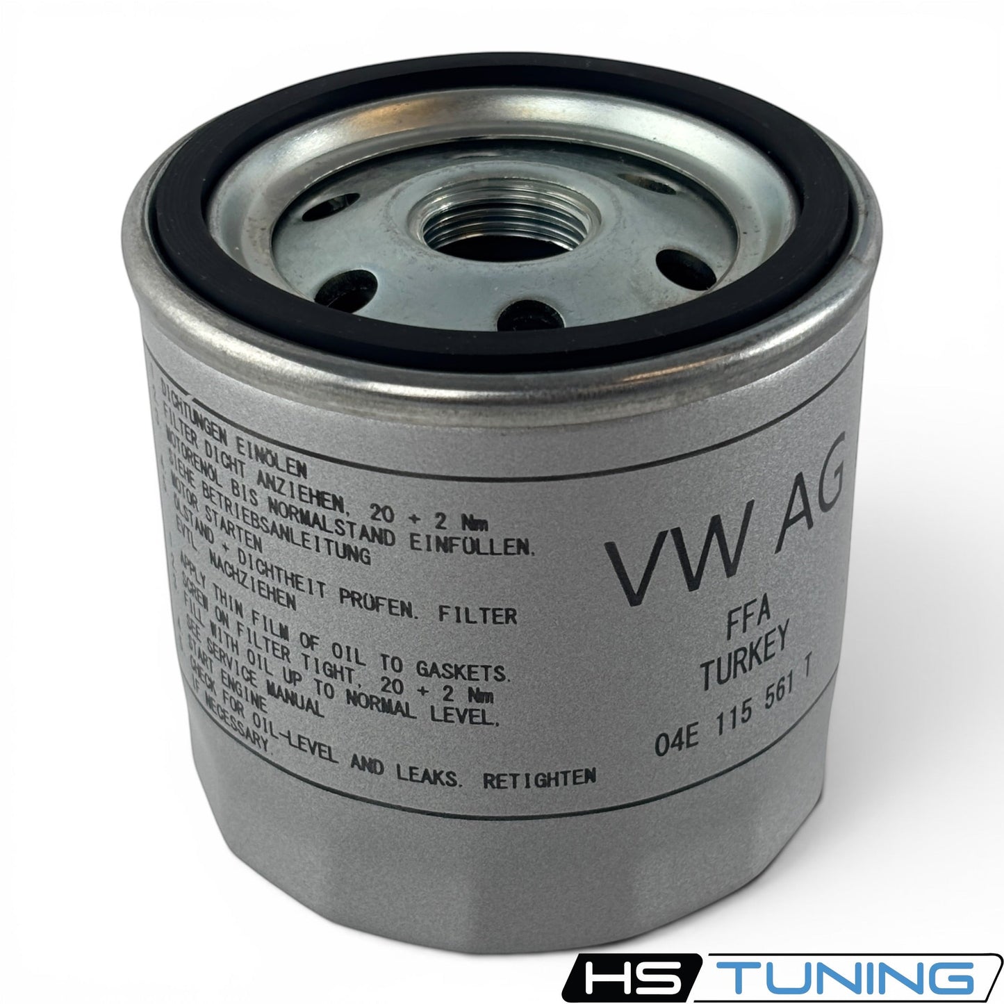 HS Tuning genuine VW Audi oil filter 04E-115-561-T with metal casing and black rubber gasket