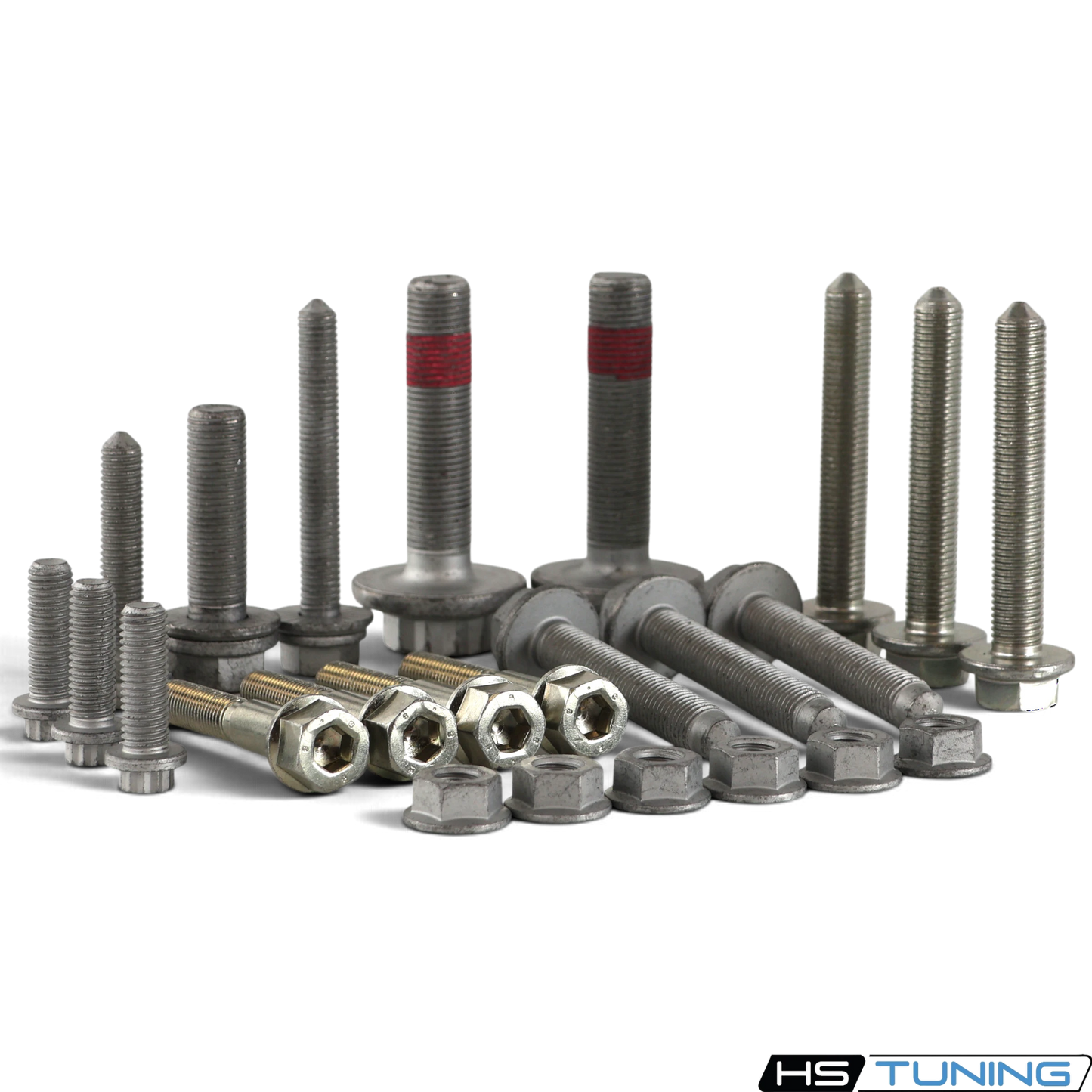 HS Tuning Genuine VW/Audi transmission hardware kit featuring various bolts and nuts for MK8 Golf R maintenance and transmission replalcement.