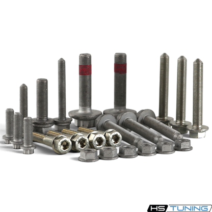 HS Tuning Genuine VW/Audi transmission hardware kit featuring various bolts and nuts for MK8 Golf R maintenance and transmission replalcement.