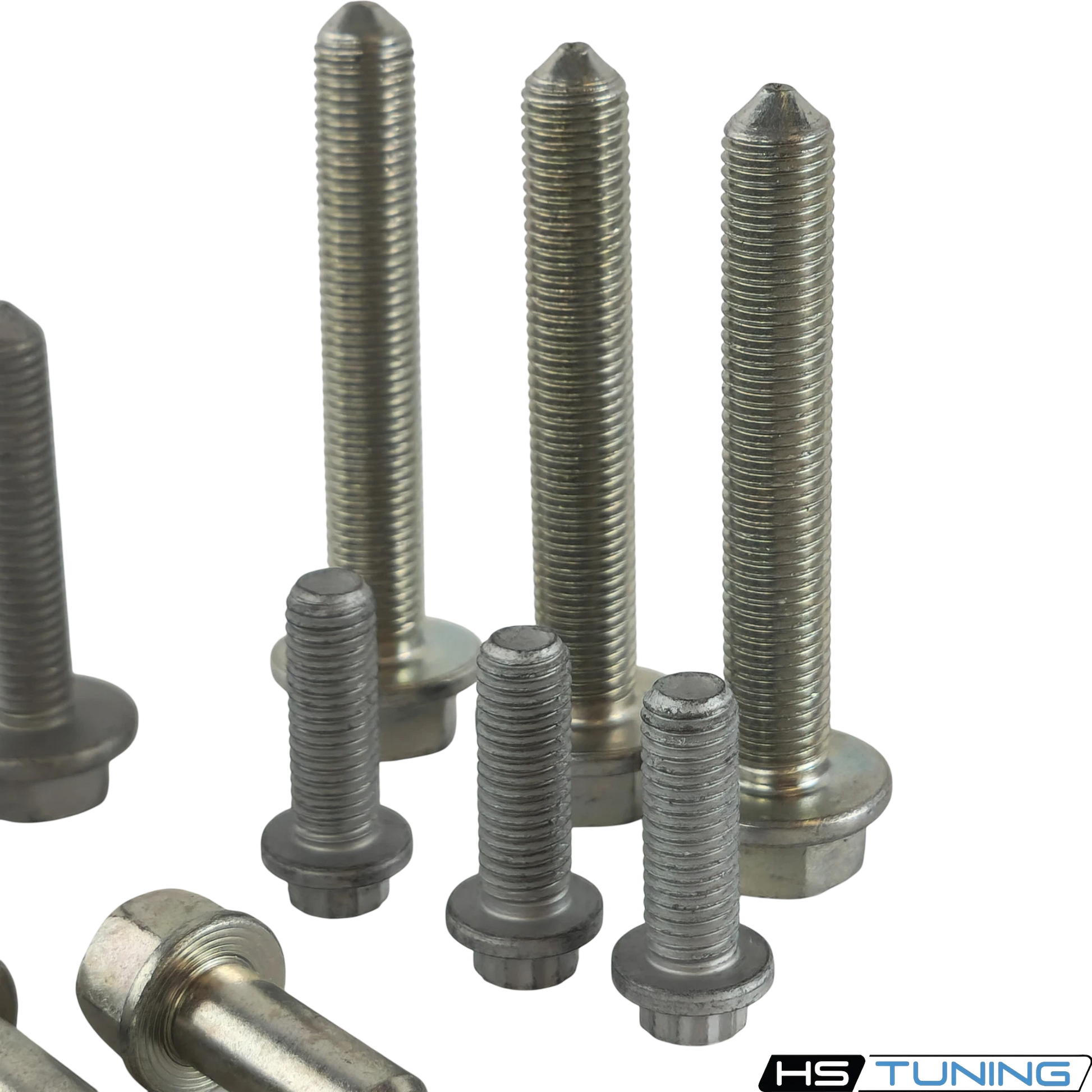 HS Tuning Genuine VW/Audi transmission hardware kit featuring various steel torque-to-yield bolts for Mk7 and Mk8 Golf