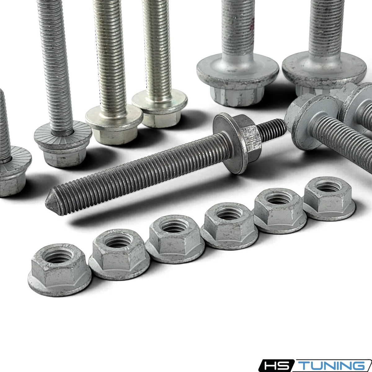 HS Tuning Genuine VW/Audi transmission hardware kit featuring assorted steel bolts and nuts for MK5 and MK6 platforms.