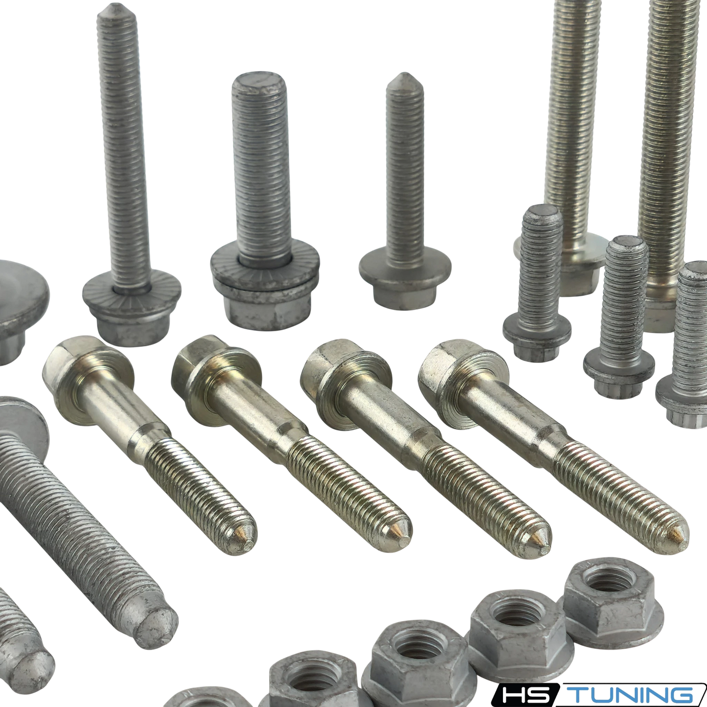 HS Tuning Genuine VW/Audi transmission hardware kit featuring various steel bolts and nuts for Golf GTI and R models