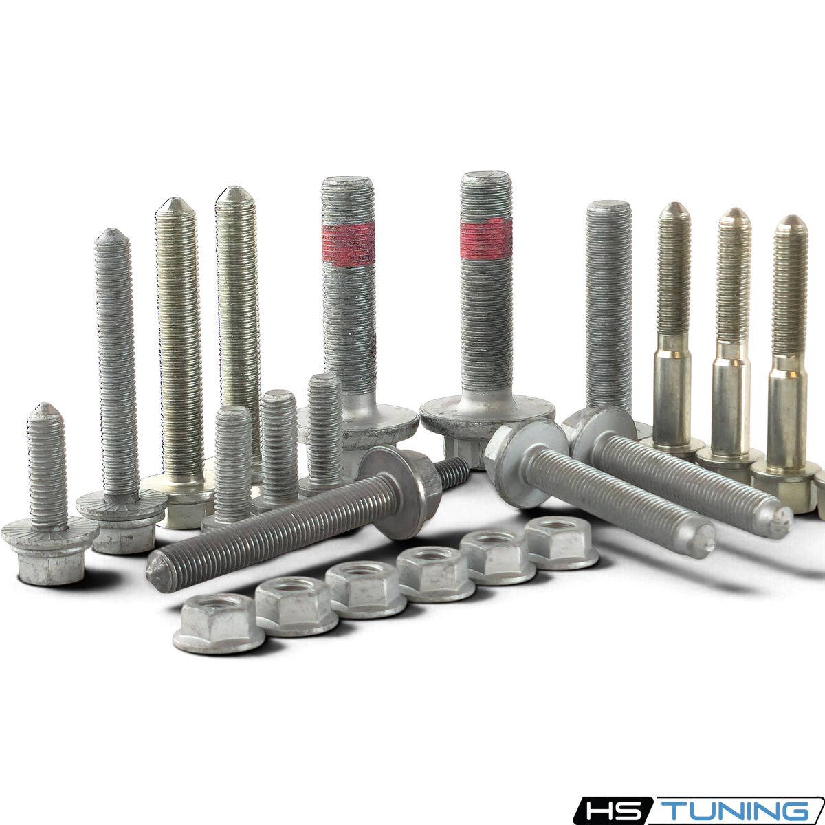 HS Tuning Genuine VW/Audi transmission hardware kit featuring various steel bolts and nuts for MK5 and MK6 platforms.