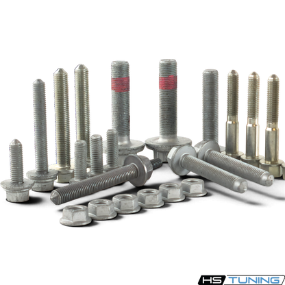 HS Tuning Genuine VW/Audi transmission hardware kit featuring various steel bolts and nuts for MK5 and MK6 platforms.