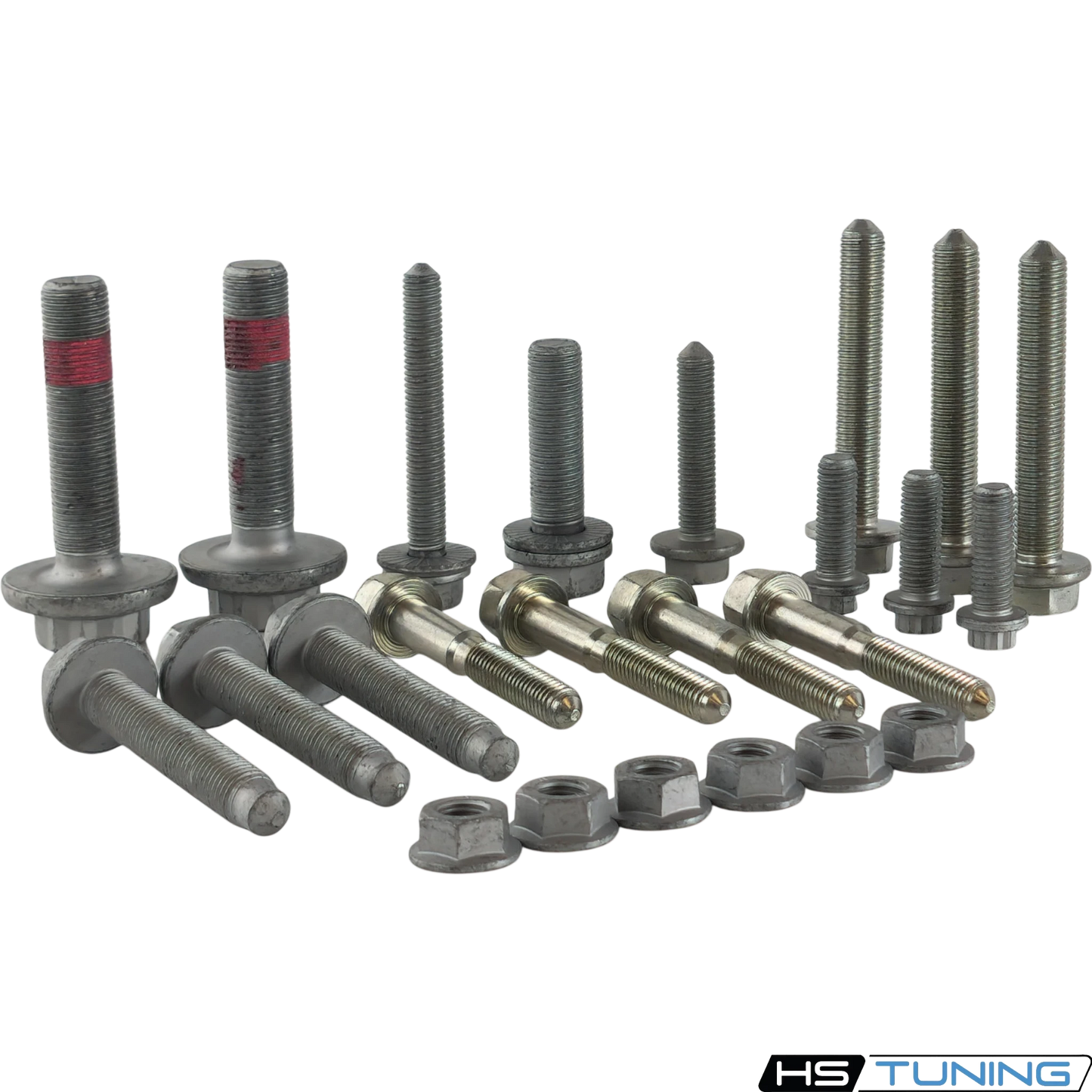 HS Tuning Genuine VW/Audi transmission hardware kit featuring various steel bolts and nuts for Golf GTI and R Mk7-8