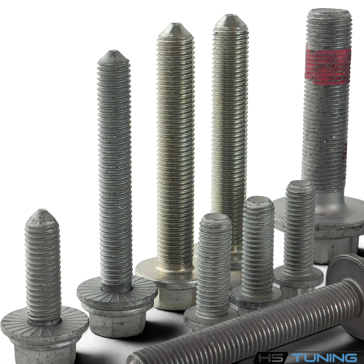 HS Tuning Genuine VW/Audi transmission hardware kit featuring various factory-spec steel bolts for MK5 and MK6 models.