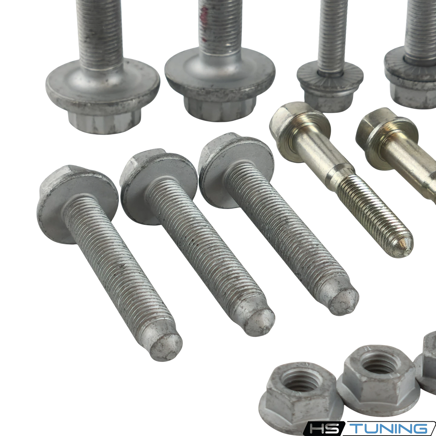 HS Tuning Genuine VW/Audi transmission hardware kit featuring various steel bolts and nuts for Golf GTI and R models.